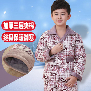 男童加厚睡衣三层夹棉保暖家居服冬季儿童睡衣法兰绒长袖套装大童