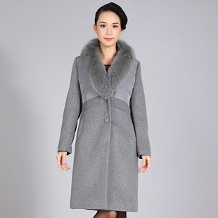 2015冬装新款 莱茨RY5W-YD2329 中长款气质修身狐毛领羊绒大衣女