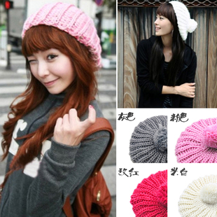 韩版秋冬季潮流针织毛线帽女士弹性可爱球球帽手工毛线针织帽子