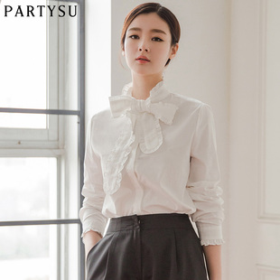 Partysu白色衬衫女长袖 2016春新款纯色纯棉系带蝴蝶结衬衣打底衫