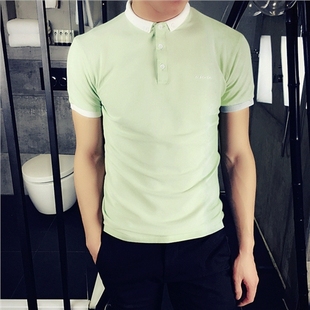 韩国版简约小微领短袖修身T恤POLO衫潮流男青少年学生紧身体恤衫