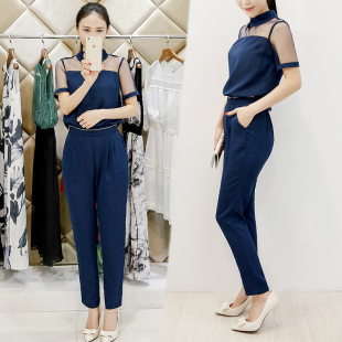 韩国代购2015夏装新款女装透视网纱拼接假两件修身显瘦高腰连体裤