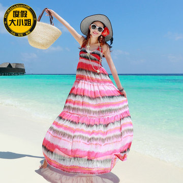 2015夏季新款波西米亚长裙雪纺显瘦吊带连衣裙海边沙滩裙海滩裙女