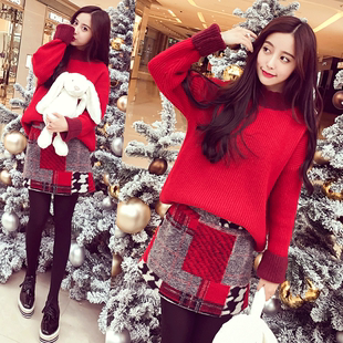 2015韩版新款纯色洋气袖口撞色宽松套头甜美毛衣女冬