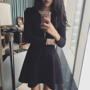 韩国代购2016春装新款小香风修身长袖小黑裙纯色高腰打底连衣裙潮