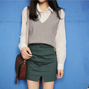 韩国秋时尚长袖衬衫背心毛衣包臀短款半身裙三件套装可以单拿