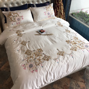 欧式60s支埃及长绒棉四件套大版纯色绣花被套酒店样板房床上用品