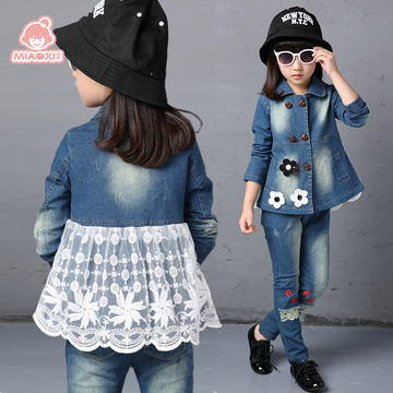 童装女童春秋装2015新款韩版中大儿童蕾丝双排扣休闲牛仔两件套装
