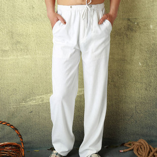 2015夏季男士休闲亚麻裤百搭白色宽松薄款系带棉麻透气薄款长裤子