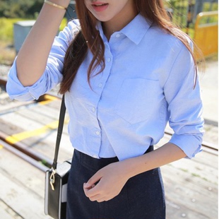 韩版长袖衬衫女夏季 宽松学院风纯棉衬衣 韩范学生修身上衣天蓝色