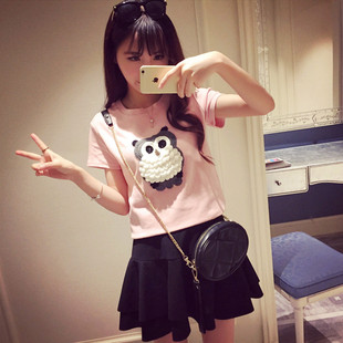 2015夏装新款韩版女宽松大码猫头鹰印花卡通短袖T恤女学生上衣