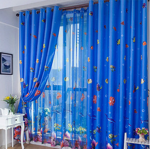 儿童品牌海底世界儿童窗帘环保遮光卡通窗帘卧室书房环保窗帘窗纱