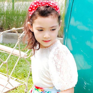 现货入韩国进口童装2015夏装AMBER女童甜美花边纯色百搭短袖T恤