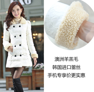 韩版冬外套女羊羔毛棉衣带绒蕾丝拼接中长款修身加厚羽绒棉袄棉服