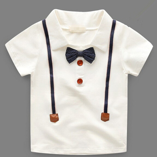 六一礼物夏韩版新款男童假两件背带领结短袖翻领T恤绅士POLO衫潮