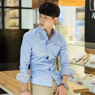 韩版时尚男士长袖衬衫 时尚立领修身型纯色衬衫 高档商务休闲衬衣