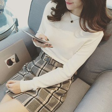 2015秋冬韩国一字领白色修身针织毛衣打底衫女长袖套头上衣外套
