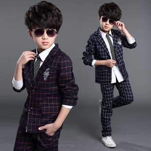 韩版大童童装男童西装 春款格子两件套 男孩子儿童时尚套装XT1571