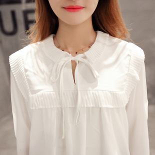 韩国货 2016春新款 甜美气质雪纺衫 套头娃娃衫 白色衬衫女长袖