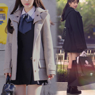 2015秋冬新款韩版女装连帽学院风羊毛呢大衣 中长款修身呢子外套