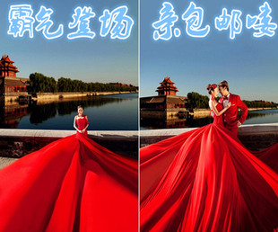 影楼主题服装外景情侣写真婚纱韩版红色西装雪纺大拖尾拍照礼服