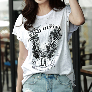 韩国新款印花短袖t恤女夏装胖MM大码宽松蝙蝠袖篇幅衫姐妹装体恤