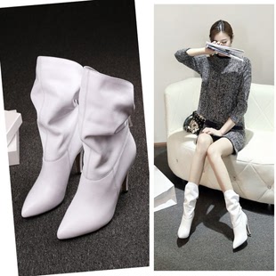 2015秋冬新款韩国公主高跟真皮尖头中短筒靴细跟白色马丁靴女短靴