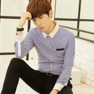 男士条纹长袖衬衫韩版修身型男青少年休闲学生衬衣个性潮男装