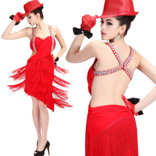 新款新款拉丁舞服装流苏 演出服红色性感手工钉钻练习比赛服5016