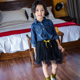 女童套装2016春秋新款韩版儿童中小童秋装牛仔外套网纱短裙两件套