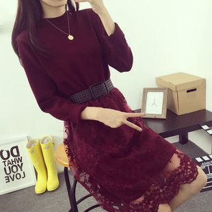 2015秋冬新款女装韩版时尚中长款连衣裙半高领修身蕾丝针织毛衣裙