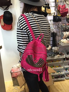 2015韩版女童红黑色铆钉PU水洗软皮双肩包女包休闲简约旅游背包