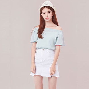 2016夏季新款女装 时尚性感一字领 修身短袖韩版纯色女士上衣