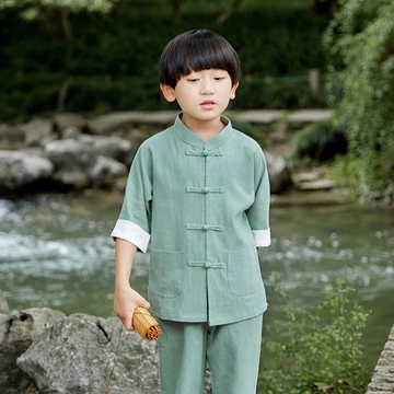 男童唐装套装夏 五分短袖棉麻儿童中式衬衣 国学幼儿园六一演出服