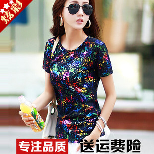 2015新款短袖t恤女 夏装韩版修身女上衣个性迷彩纯棉半袖体恤衫潮