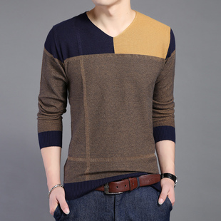 2016时尚男士长袖V领T恤春秋新款棉套头修身撞色针织衫羊毛打底衫