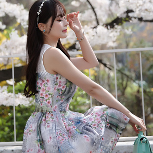 实拍韩国东大门夏季新款女装 韩版甜美印花欧根纱无袖连衣裙