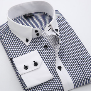 2015新品中青年男士商务休闲修身长袖衬衫 免烫中年条纹男装衬衣