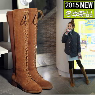 2015秋冬新款韩版系带长筒靴粗跟低跟磨砂真皮女靴子弹力及膝靴