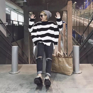 毛衣女2016春季新款韩国代购条纹宽松蝙蝠袖套头卫衣羊毛针织衫潮