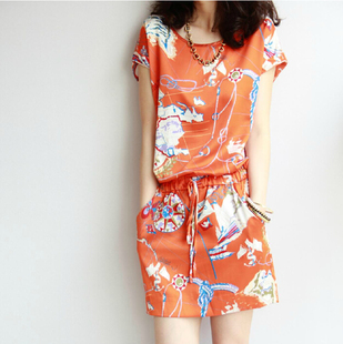 2016夏季新款女装韩版修身印花系带显瘦真丝连衣裙海边度假沙滩裙