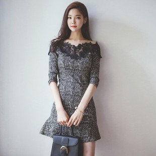 2016年女式韩版春季蕾丝花边一字领七分袖包臀荷叶边鱼尾连衣裙