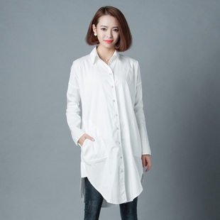 韩版2016新款秋白色休闲长袖大码宽松纯棉性感长袖长款衬衫连衣裙