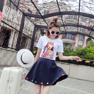 2016夏季韩版女装新款卡通刺绣贴布短袖T恤高腰A字短裙半身裙套装