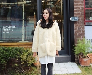 韩国直邮Cherryville女装代购2015秋冬纯色保暖中款外套连帽外套