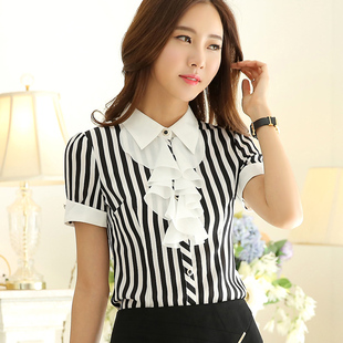 2015新品夏季黑白条纹衬衫女职业女装正装上衣韩版气质优雅短袖衫