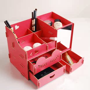 梳妆台桌面化妆品收纳盒 带镜子木质制抽屉式大号护肤品收纳盒箱