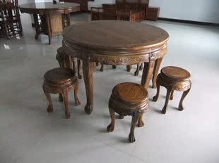 明清仿古家具、仿古圆桌、仿古餐桌、实木雕花虎爪圆桌圆凳6件套