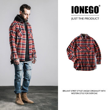 ionego2016年秋装新品潮牌美式搭配格纹男士衬衣休闲百搭衬衫男