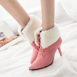 短靴女秋冬韩版高跟新款加绒甜美粉色百搭伴娘鞋子显瘦学生潮气质